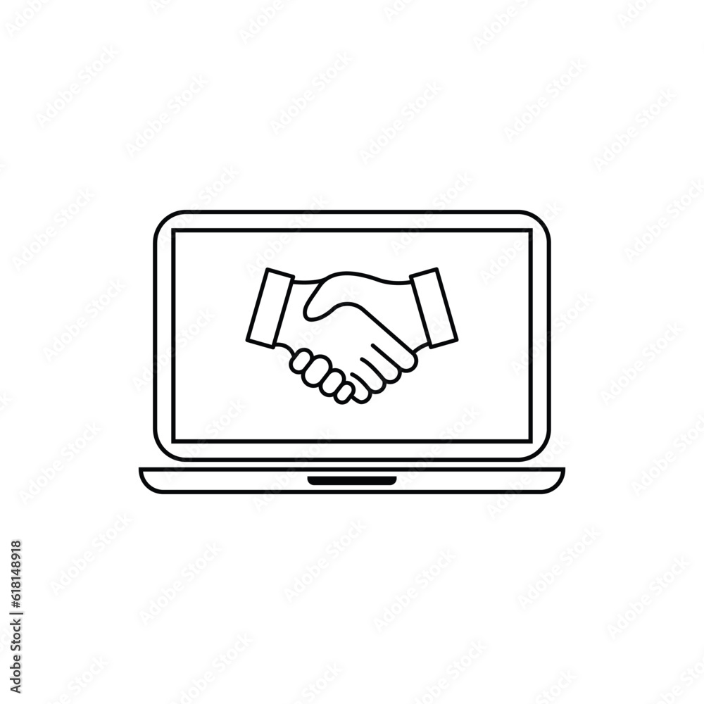 Icon Handshake Pictogram with Computer Symbol. Designed for web and software interfaces. Outline Style Design