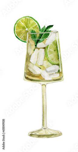 Watercolor coctail, hugo spritz, mojito, sparkling wine, soda, martini. Summer drink refreshing illustration, low alcohol beverage, coctail bar menu, aperitif, liquor. Elderflowers, lemon, lime, mint