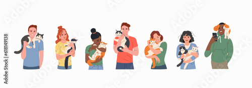 Young  women and men holds and hugs the cat. Children puppies friendship. Vector flat style cartoon illustration
