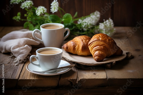 Morning breakfast rustic still life. Coffee cup croissant with cream, flower decoration. Vintage rural sunny light, white plates. Selective focus, high key