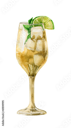 Watercolor coctail, hugo spritz, mojito, sparkling wine, soda, martini. Summer drink refreshing illustration, low alcohol beverage, coctail bar menu, aperitif, liquor. Elderflowers, lemon, lime, mint