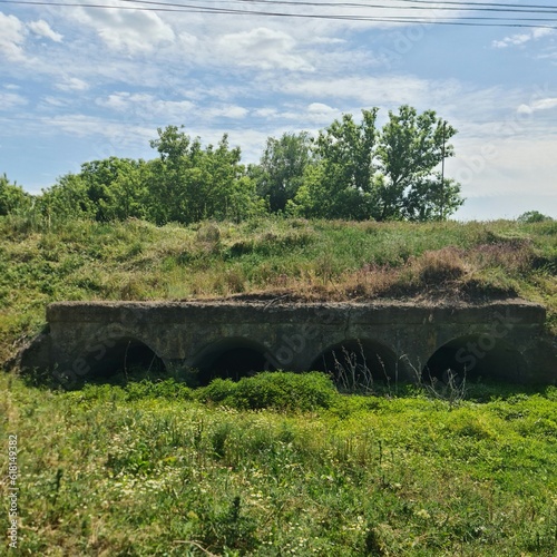 A stone bridge over a grassy area