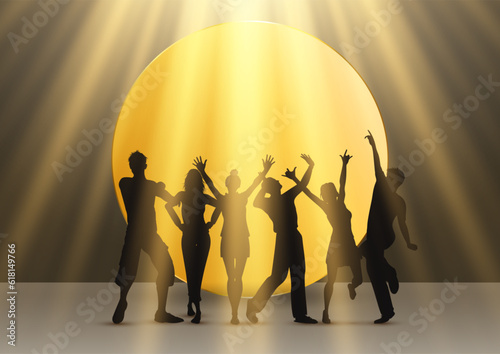 Silhouettes of party people dancing under spotlights