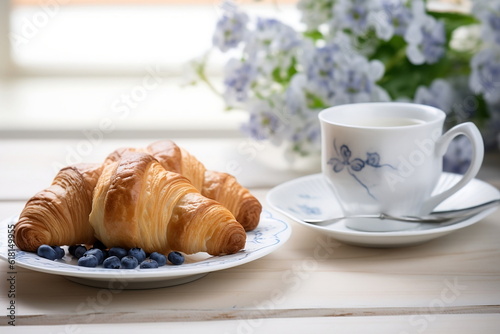 Morning breakfast rustic still life. Coffee cup croissant with cream  flower decoration. Vintage rural sunny light  white plates. Selective focus  high key