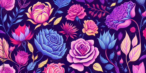 Beautiful flowers and leaves on a purple background, colorful patterns, floristry, beautiful natural drawing, decorative banner. Generative ai