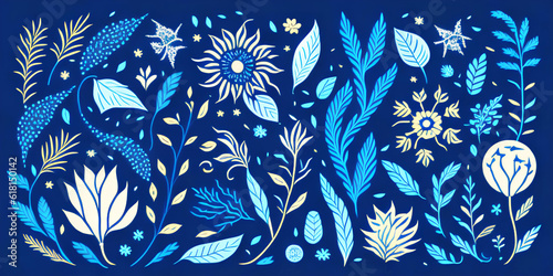 Natural patterns, plants and leaves on a blue background, colorful patterns, floristry, beautiful floral drawing, decorative banner, Generative ai