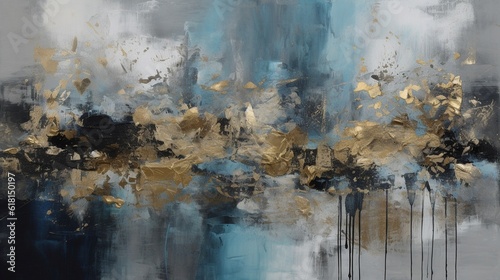abstract background of blue and yellow paint splashes on a gray wall, Generative AI.