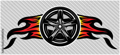 A wheel with a metal disc and flames on both sides on a carbon background. Template for design. Color vector illustration