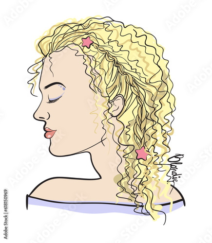 Profile of a blonde girl with wavy hair gathered in a braid and closed eyes for design for girls and teenagers in vector