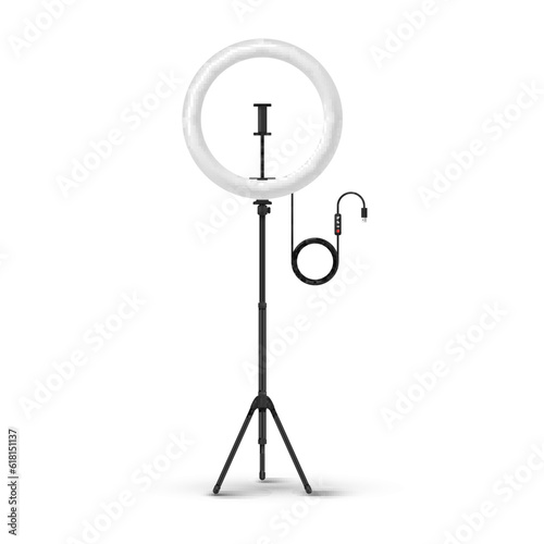 Ring light lamp studio selfie photo camera professional spotlight stand realistic vector
