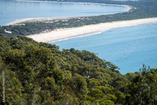 looking down on a beach seascape landscape in a national park at hawksnest australia photo
