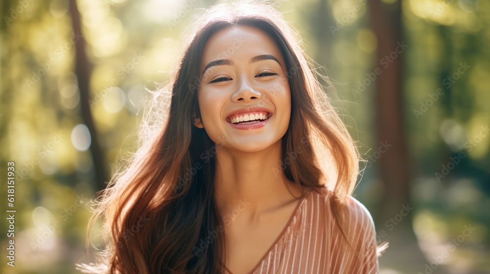Happy young Asian girl standing in the woods, a smiling woman outdoors. Closeup portrait of a cheerful young female Asian adult in wild nature. Girl outside on a bright and warm summer day.