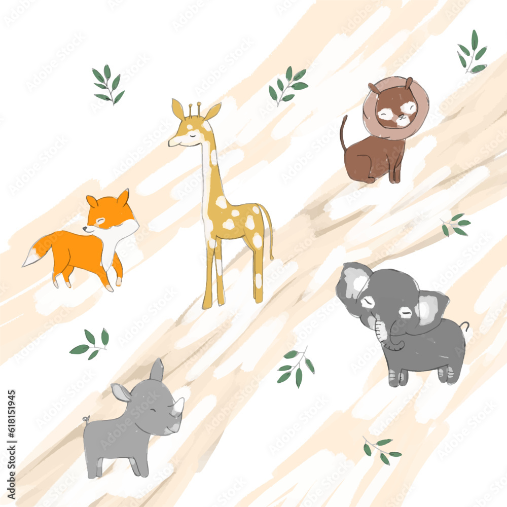 Obraz premium Childish watercolor background with animals in warm colors