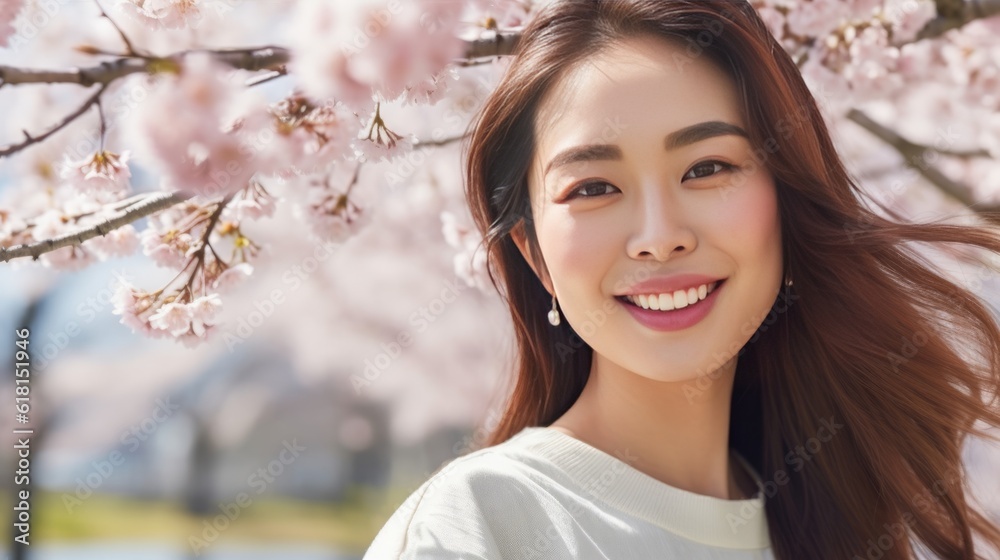 Happy young Asian girl standing in front of a blooming Sakura tree, a smiling woman near flowers. Closeup portrait of a cheerful young female Asian adult in wild nature. Girl outside on a summer day.