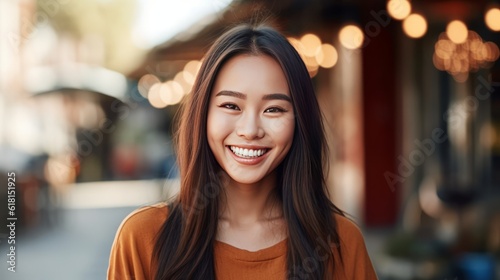 Free Download Happy young Asian girl standing on the street, a smiling woman outdoors. Closeup portrait of a cheerful young female Asian adult on a street. Girl outside on a bright and warm summer day. - GFXLoad