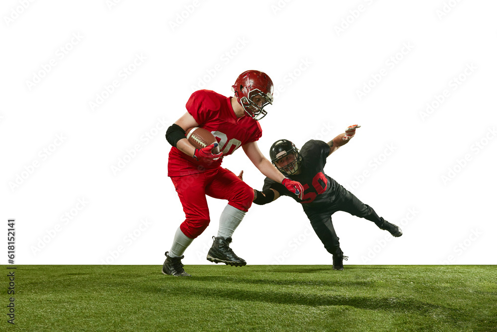 Dynamic image of two men in uniform american football players in motions on field during tense game over white background. Concept of professional sport, action, lifestyle, competition, training, ad