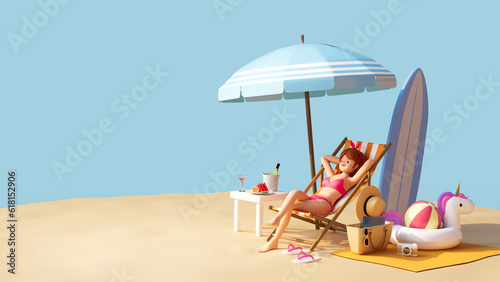 young woman sunbathing on a beach chair in the summer vacation with equipment for swimming in the sea. 3D rendering
