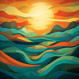 Abstract autumn landscape with hills in teal and orange colors, illustration generated with AI