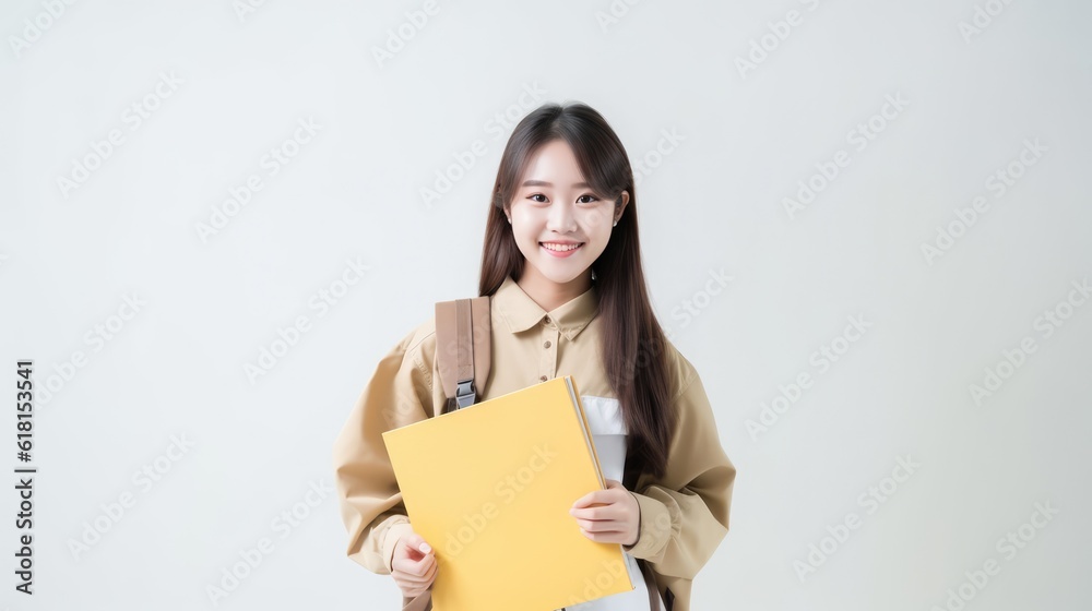 Asian young college student girl with schoolbag holding folders with confident nice smiling on white background, Generative AI. Asian young college student girl with schoolbag holding folders with confident nice smiling on white background, Generative AI.