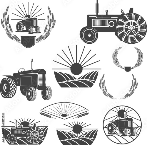 Set of agriculture company logo templates and design elements. wheat wreath, tractor, farmers pick-up. Design elements in vector.