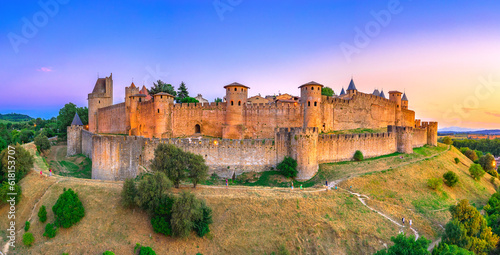 Print op canvas Medieval castle town of Carcassone at sunset, France
