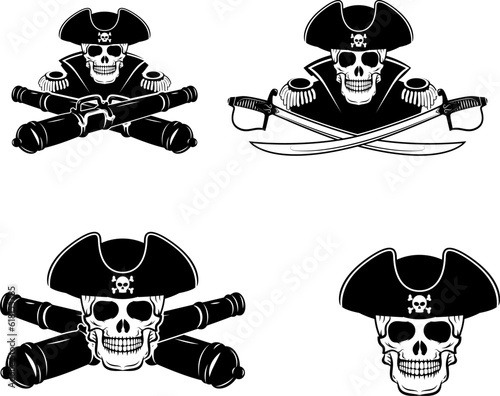 admiral label and logo design template. Pirate skull with two cross swords. Vector illustration.