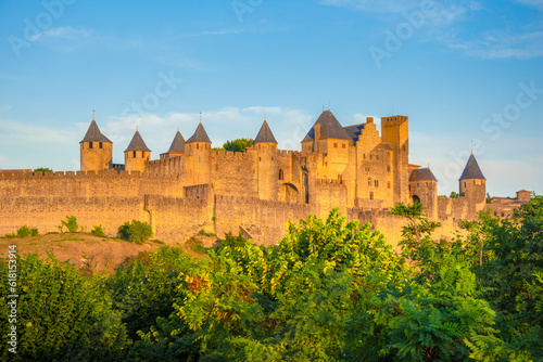 Vászonkép Medieval castle town of Carcassone at sunset, France