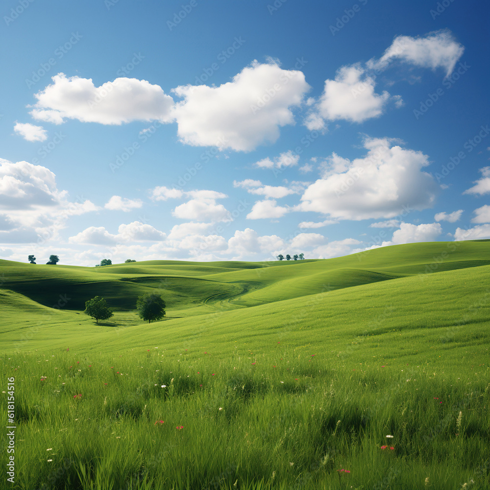 Landscape view of green grass on a hillside with blue sky and clouds in the background. Beautiful natural landscape of countryside hills created with generative AI technology.