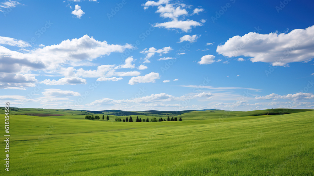 Fototapeta premium Landscape view of green grass on a hillside with blue sky and clouds in the background. Beautiful natural landscape of countryside hills created with generative AI technology.