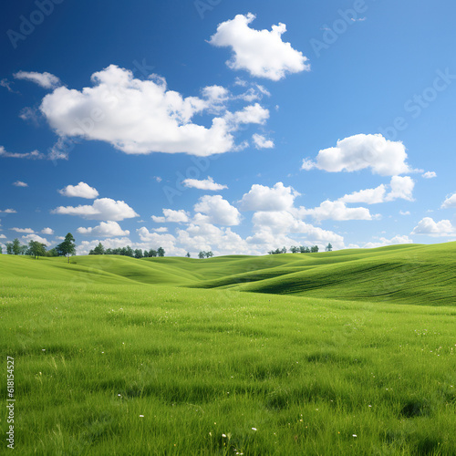 Fényképezés Landscape view of green grass on a hillside with blue sky and clouds in the background