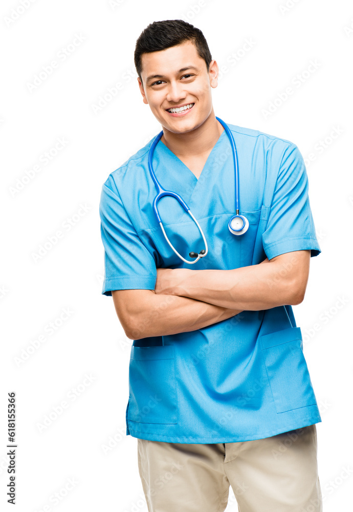 Portrait, nurse and happy man with arms crossed in studio isolated on white background mockup. Confidence, medical professional and Asian surgeon, doctor or physician from Japan ready for healthcare. Portrait, nurse and happy man with arms crossed in studio isolated on white background mockup. Confidence, medical professional and Asian surgeon, doctor or physician from Japan ready for healthcare.