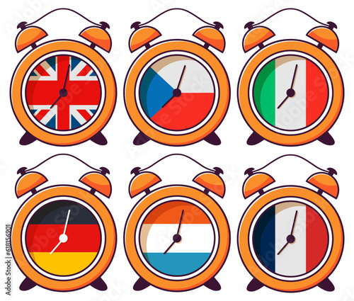 UK,French,Germany,Italy,Netherlands,Czech Republic flags.Isolated on white.Learning concept.Line art vector illustration.Watch alarm clock.Time training.Time to learn languages.Fag on clock face.