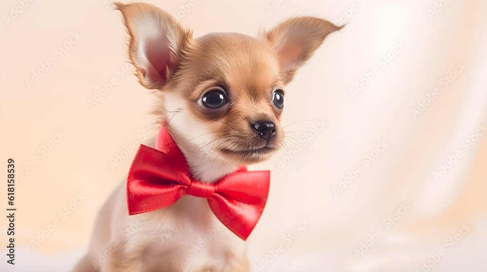 Cute puppy with a bow, sits on the porch of the house, gift concept, greeting card. AI generated