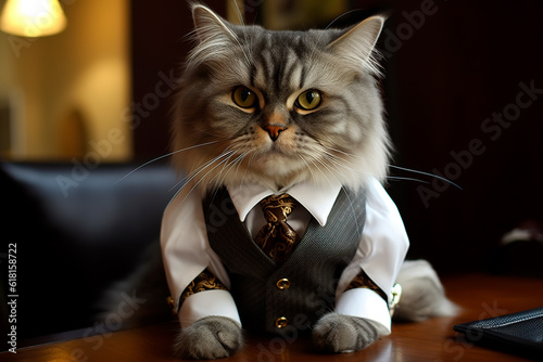 Cat in the business suit sitting in the chair of the head in the office. Concept of management, leadership. Generative AI