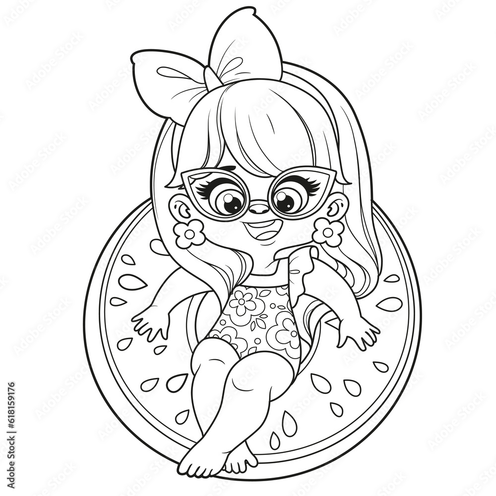 Cute cartoon girl in a swimsuit and sunglasses with an watermelon inflatable ring for swimming coloring page on white background Cute cartoon girl in a swimsuit and sunglasses with an watermelon inflatable ring for swimming coloring page on white background