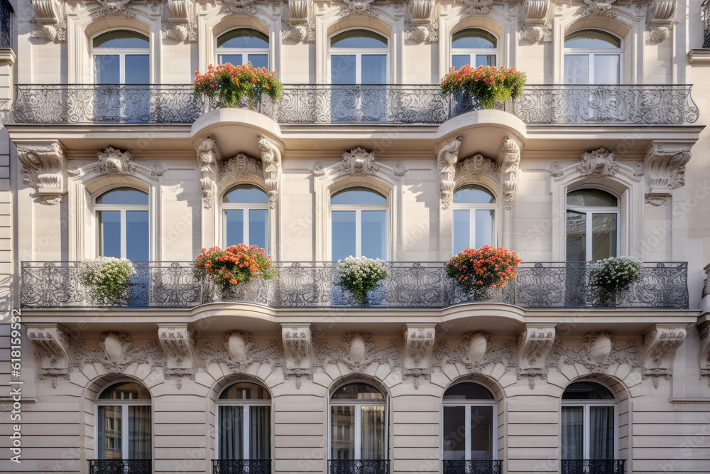 Façade d'un immeuble parisien, de type Haussmannien avec des balcons fleuris de géraniums rouges et des buis