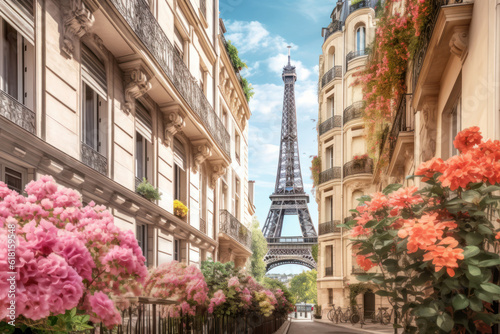 Rue de Paris avec des immeubles Haussmanniens avec des balcons fleuris de g  raniums et une vue sur la Tour Eiffel