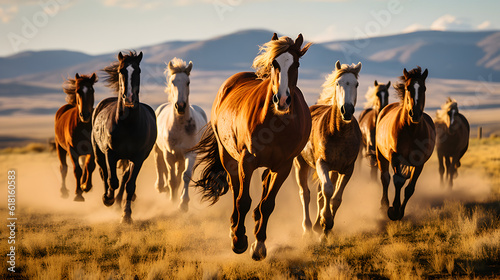 Fotografia A group of wild horses galloping across an open field