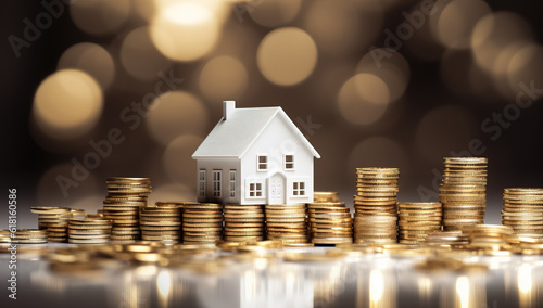 Fotografia House mortgage,  golden stacks of coins. generative AI