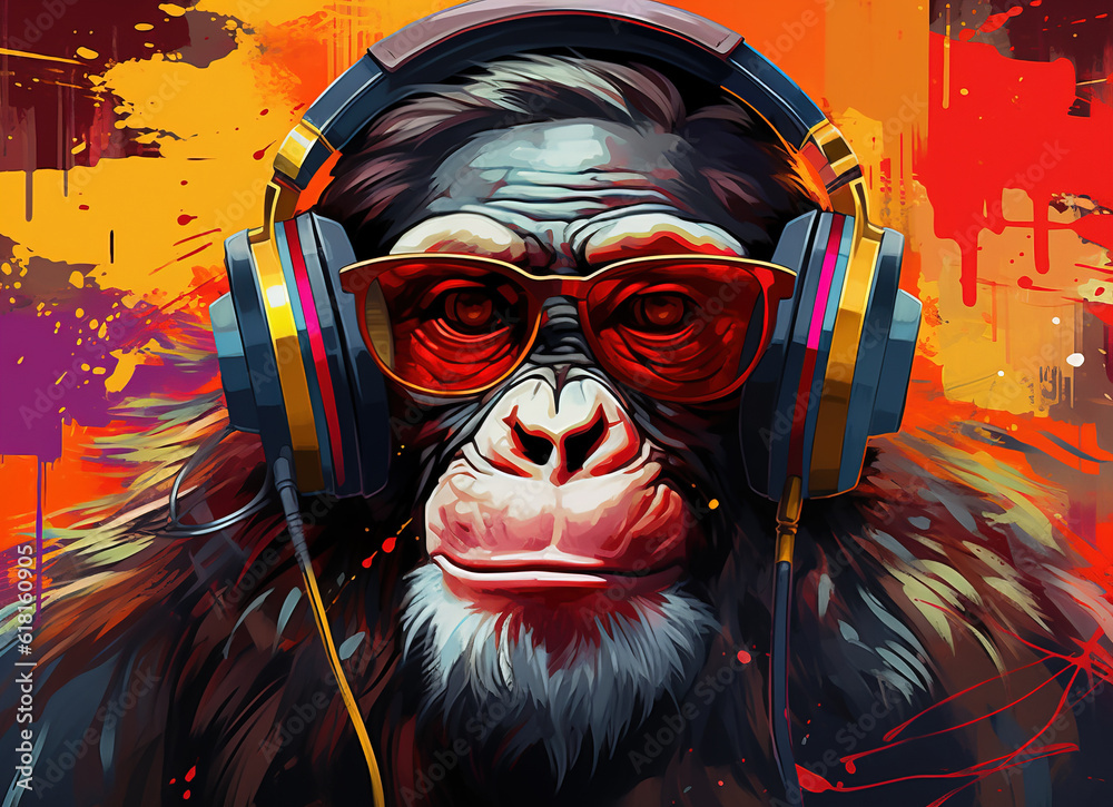 Monkey listening buy to music art