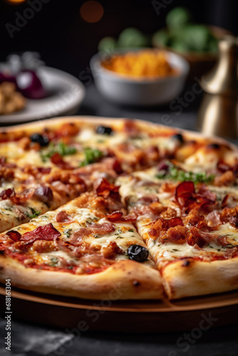 Hot tasty pizza with melting cheese in restaurant
