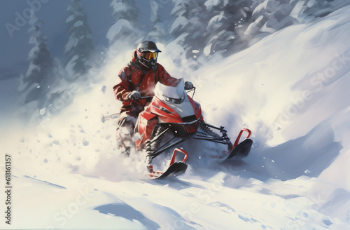 Snowmobile downhill. extreme sports and entertainment. generative AI
