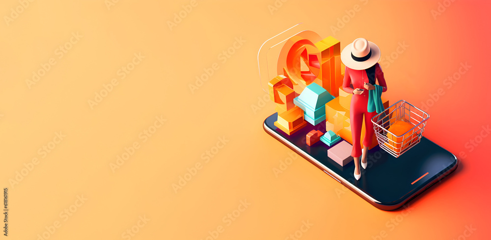 Fototapeta premium Illustration of online shopping, smartphone app, banner, Generative AI 2