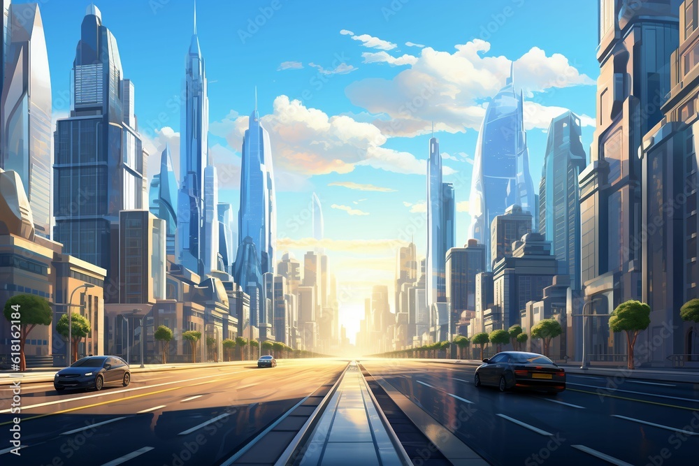 Fototapeta premium AI generated city skyline with multiple cars driving on street