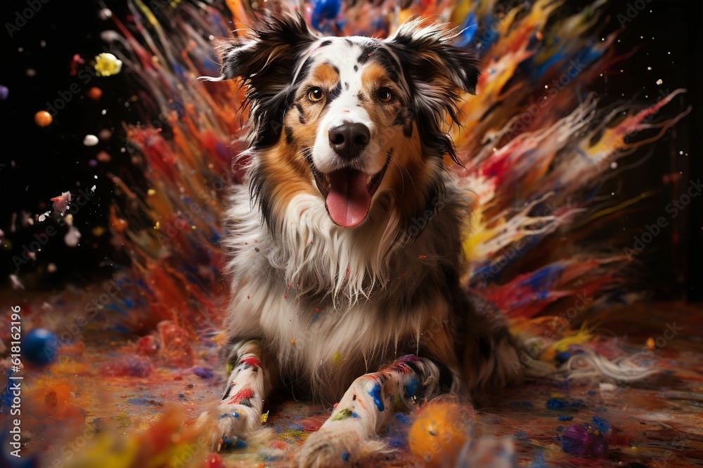 An adorable canin is having a blast as vibrant paint is splashed onto its fur, creating a unique and creative look An adorable canin is having a blast as vibrant paint is splashed onto its fur, creating a unique and creative look