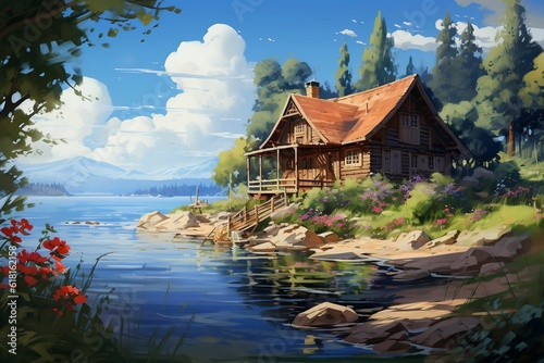 An AI generated illustration of A vibrant painting depicting a quaint house situated on the banks of a tranquil river, close to the picturesque shoreline