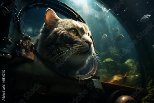 An AI generated illustration of A funny image of a white and black cat wearing a yellow helmet, looking out from an aquarium tank with colorful fish