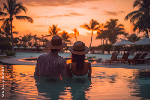Young couple traveler relaxing and enjoying the sunset by a tropical resort pool while traveling for summer vacation. generative ai