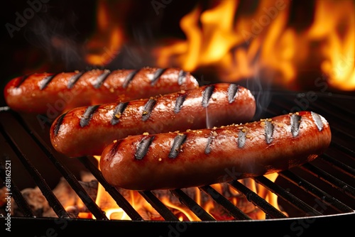 A Bratwurst Sizzling on the Grill, Tempting with its Irresistible Charred Crust. a German sausage made from pork. Generative AI