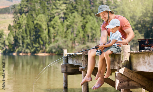 Photography Father, lake and teaching child fishing with rod together for fun bonding, activity or lesson in nature